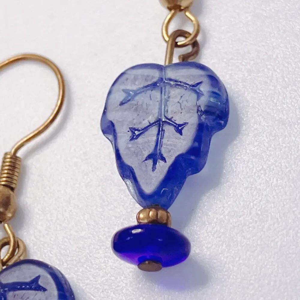Colbalt Blue Glass Leaf Dangle Earrings Cute Boho Botanical Gold Tone Hooks